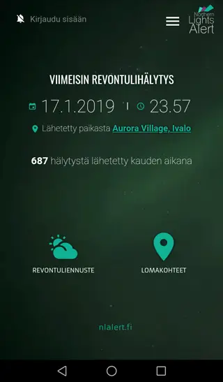Aurora Alert App screenshot finnish front view